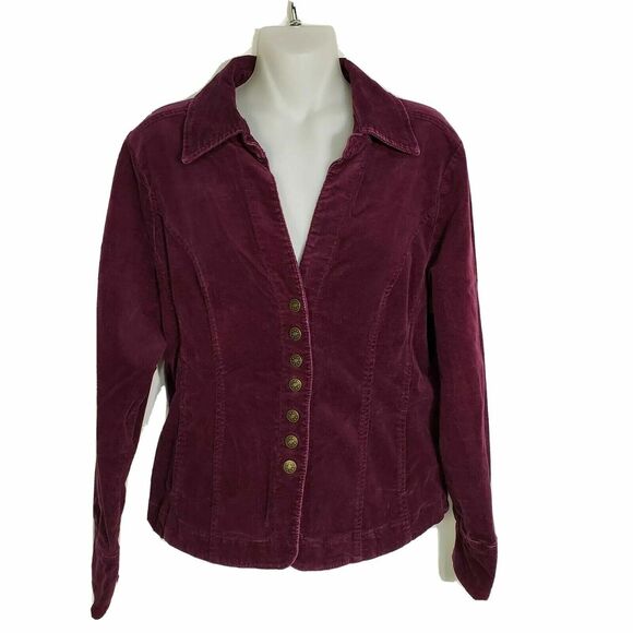 Dressbarn Corduroy Womens Jacket Maroon Cotton Spandex Snap Front Light Medium - Picture 1 of 12